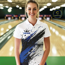 Load image into Gallery viewer, Black And Blue Splatter Paint Bowling Ball &amp; Pins Shirts Custom Team Bowling Attire For Women NYN3447