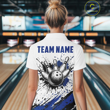 Black And Blue Splatter Paint Bowling Ball & Pins Shirts Custom Team Bowling Attire For Women NYN3447