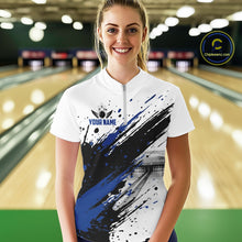 Load image into Gallery viewer, Black And Blue Splatter Paint Bowling Ball &amp; Pins Shirts Custom Team Bowling Attire For Women NYN3447
