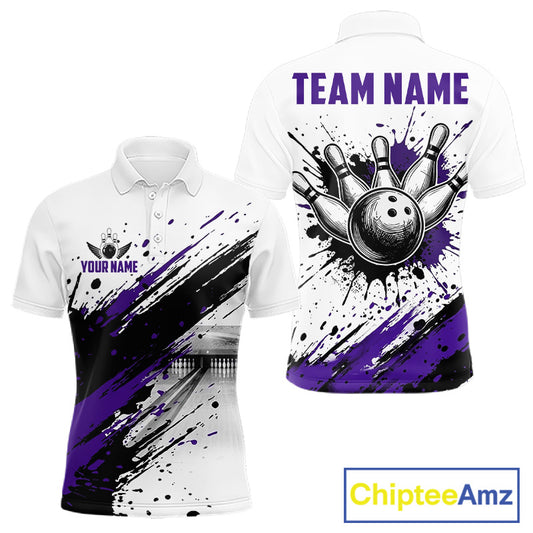 Black and purple splatter paint bowling ball and pins shirt for men custom bowling attire