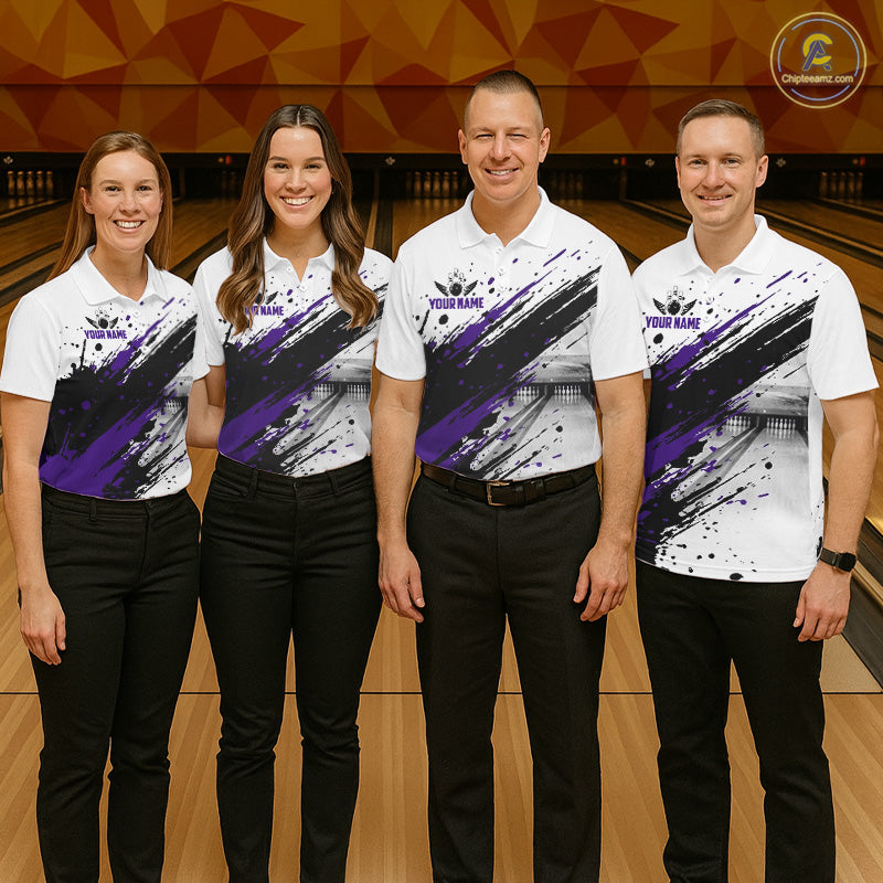 Black And Purple Splatter Paint Bowling Ball & Pins Shirts Custom Team Bowling Attire For Men NYN3448