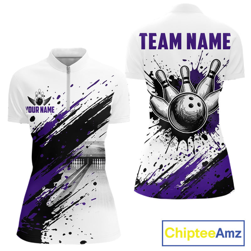 Black and purple splatter paint bowling ball and pins shirt for women custom bowling attire