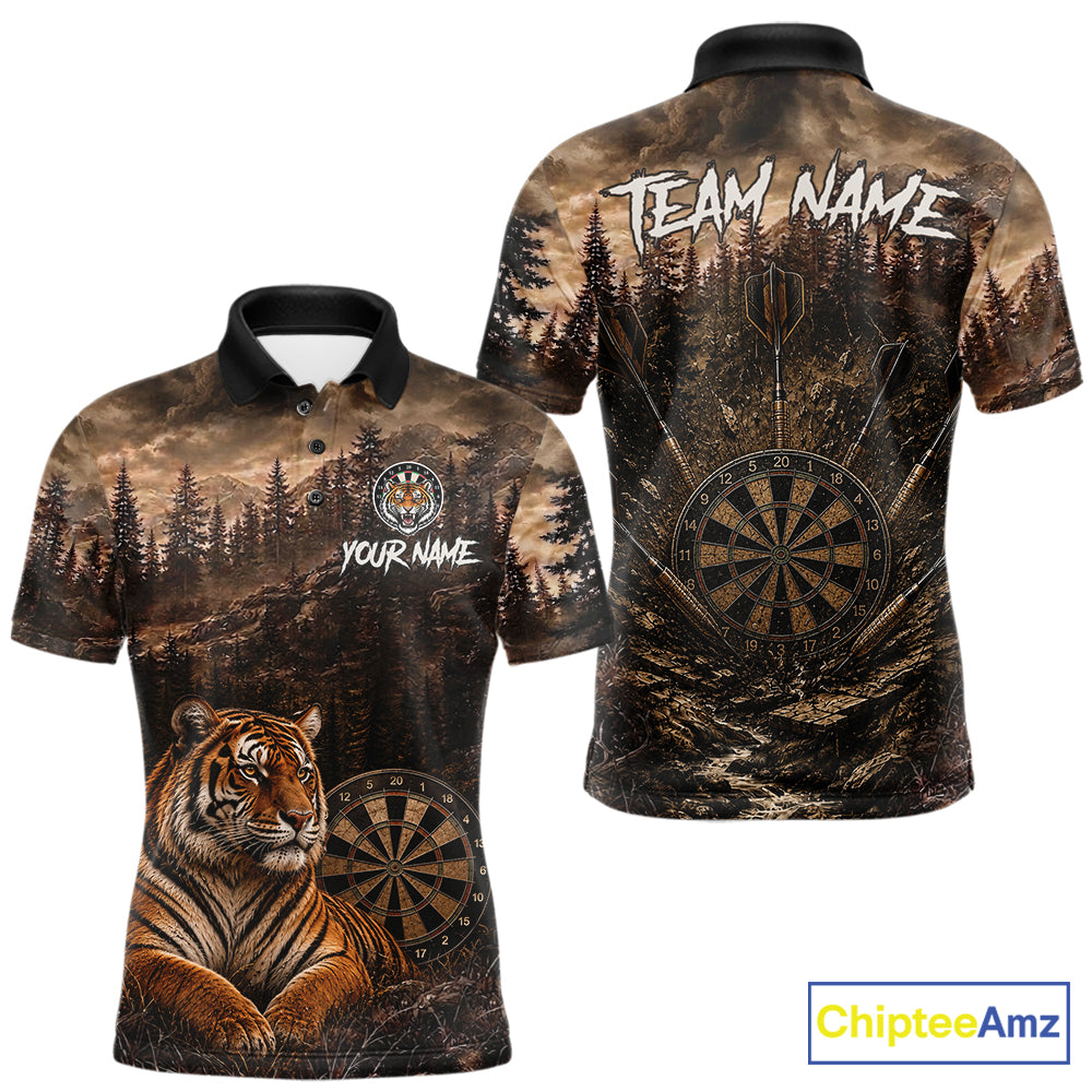 Funny Tiger Dart Polo Quarter-Zip Shirt For Men Custom Brown Grunge Forest Dart Tournament Jersey NYN4385