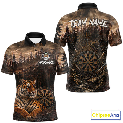Funny Tiger Dart Polo Quarter-Zip Shirt For Men Custom Brown Grunge Forest Dart Tournament Jersey NYN4385