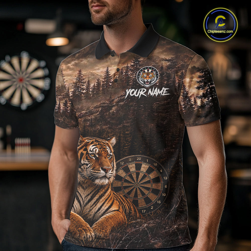 Funny Tiger Dart Polo Quarter-Zip Shirt For Men Custom Brown Grunge Forest Dart Tournament Jersey NYN4385