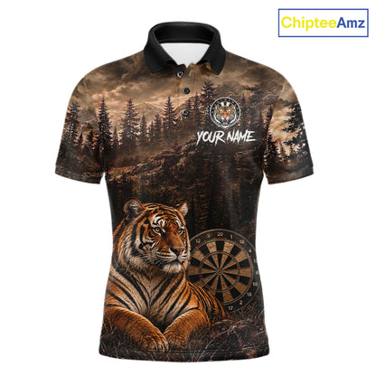 Funny Tiger Dart Polo Quarter-Zip Shirt For Men Custom Brown Grunge Forest Dart Tournament Jersey NYN4385