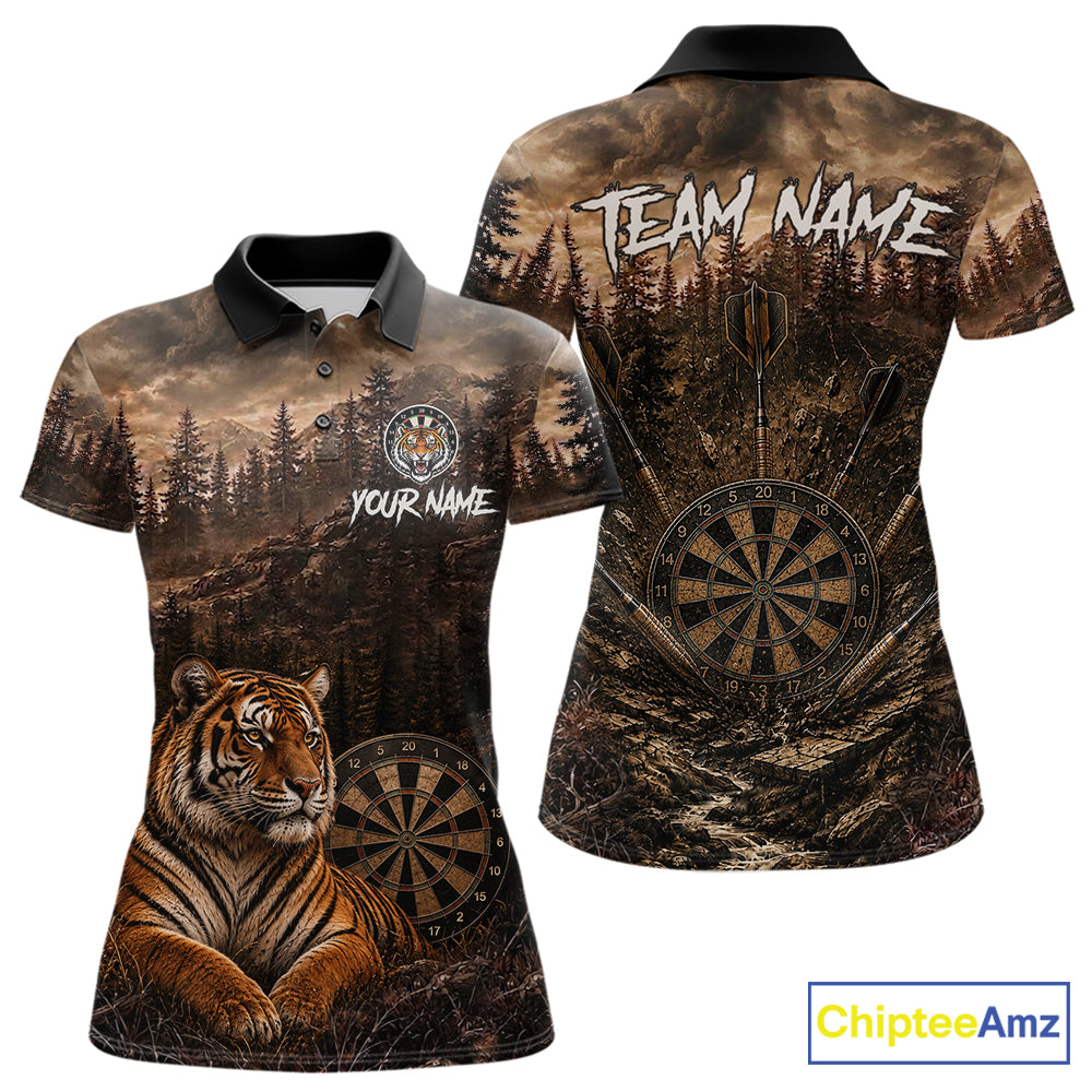 Funny Tiger Dart Polo Quarter-Zip Shirt For Women Custom Brown Grunge Forest Dart Tournament Jersey NYN4385