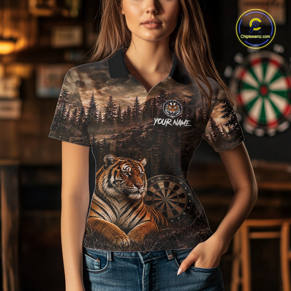 Funny Tiger Dart Polo Quarter-Zip Shirt For Women Custom Brown Grunge Forest Dart Tournament Jersey NYN4385