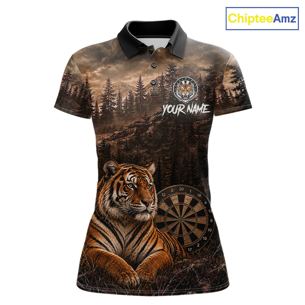 Funny Tiger Dart Polo Quarter-Zip Shirt For Women Custom Brown Grunge Forest Dart Tournament Jersey NYN4385