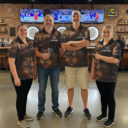 Funny Tiger Dart Polo Quarter-Zip Shirt For Men Custom Brown Grunge Forest Dart Tournament Jersey NYN4385