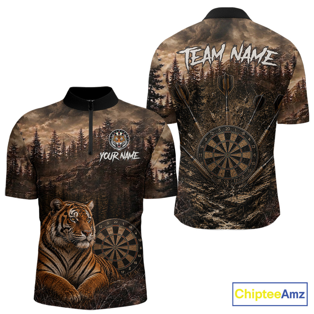 Funny Tiger Dart Polo Quarter-Zip Shirt For Men Custom Brown Grunge Forest Dart Tournament Jersey NYN4385