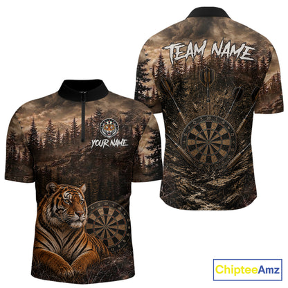 Funny Tiger Dart Polo Quarter-Zip Shirt For Men Custom Brown Grunge Forest Dart Tournament Jersey NYN4385