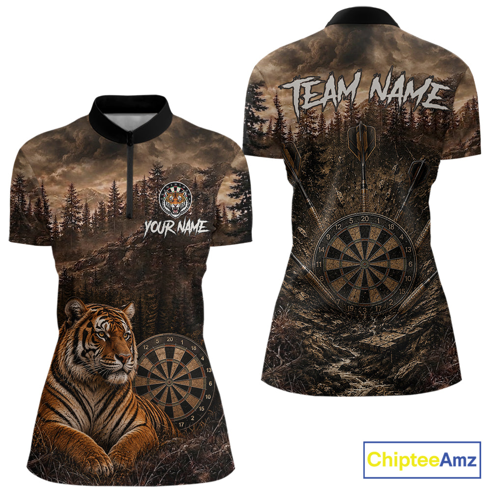Funny Tiger Dart Polo Quarter-Zip Shirt For Women Custom Brown Grunge Forest Dart Tournament Jersey NYN4385