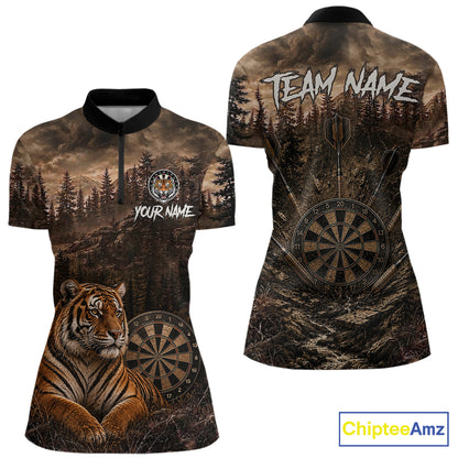 Funny Tiger Dart Polo Quarter-Zip Shirt For Women Custom Brown Grunge Forest Dart Tournament Jersey NYN4385