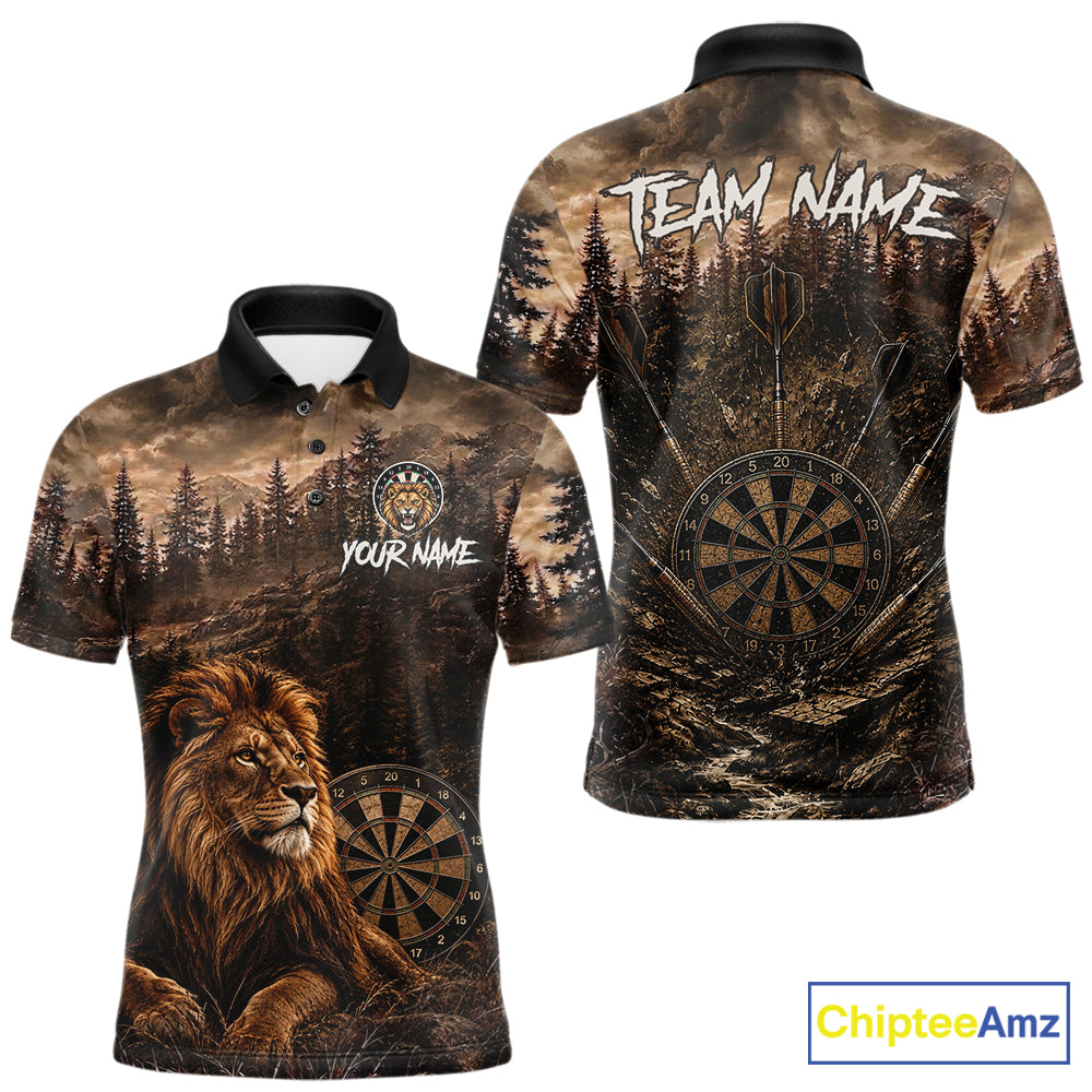 Funny Lion Dart Polo Quarter-Zip Shirt For Men Custom Brown Grunge Forest Dart Tournament Jersey NYN4386