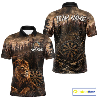 Funny Lion Dart Polo Quarter-Zip Shirt For Men Custom Brown Grunge Forest Dart Tournament Jersey NYN4386