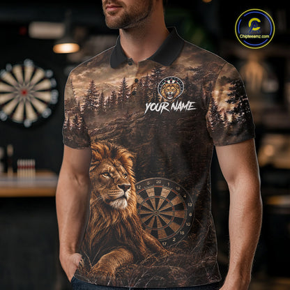 Funny Lion Dart Polo Quarter-Zip Shirt For Men Custom Brown Grunge Forest Dart Tournament Jersey NYN4386