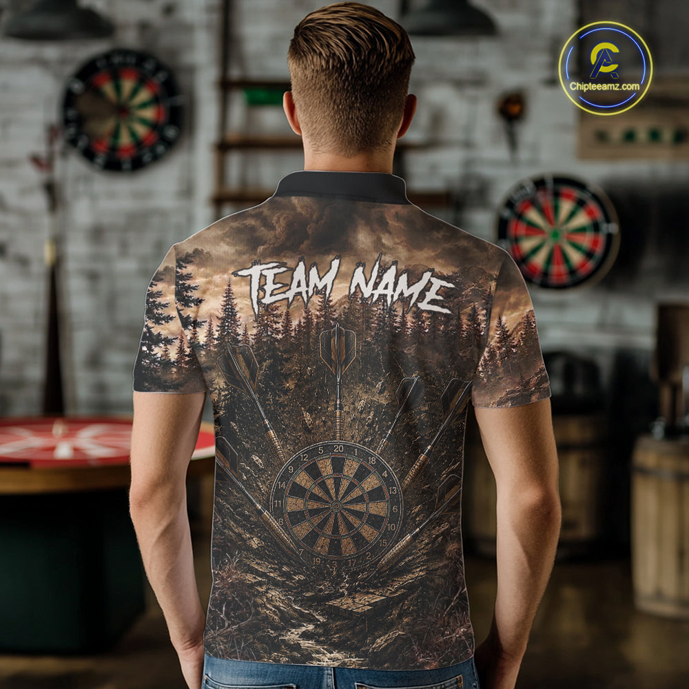 Funny Lion Dart Polo Quarter-Zip Shirt For Men Custom Brown Grunge Forest Dart Tournament Jersey NYN4386