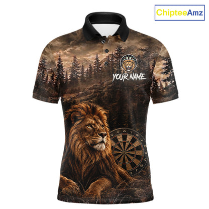 Funny Lion Dart Polo Quarter-Zip Shirt For Men Custom Brown Grunge Forest Dart Tournament Jersey NYN4386