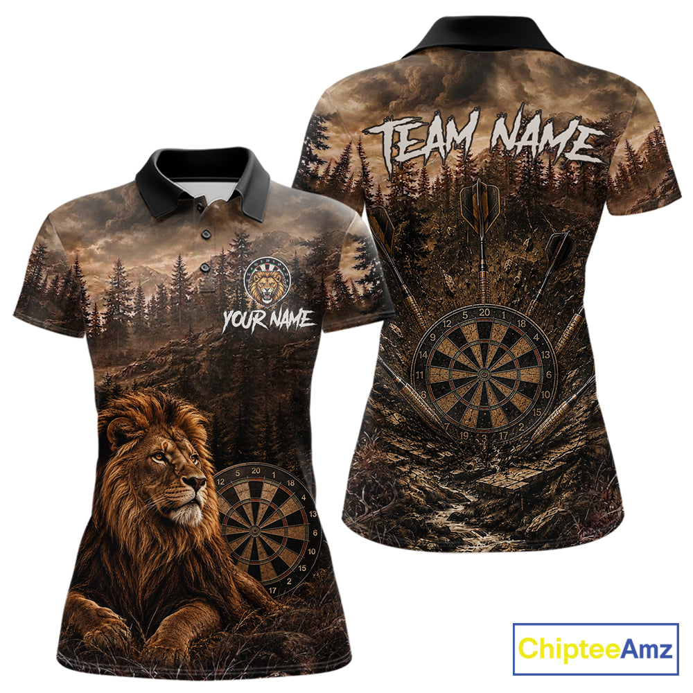 Funny Lion Dart Polo Quarter-Zip Shirt For Women Custom Brown Grunge Forest Dart Tournament Jersey NYN4386