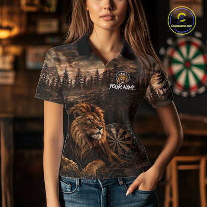 Funny Lion Dart Polo Quarter-Zip Shirt For Women Custom Brown Grunge Forest Dart Tournament Jersey NYN4386