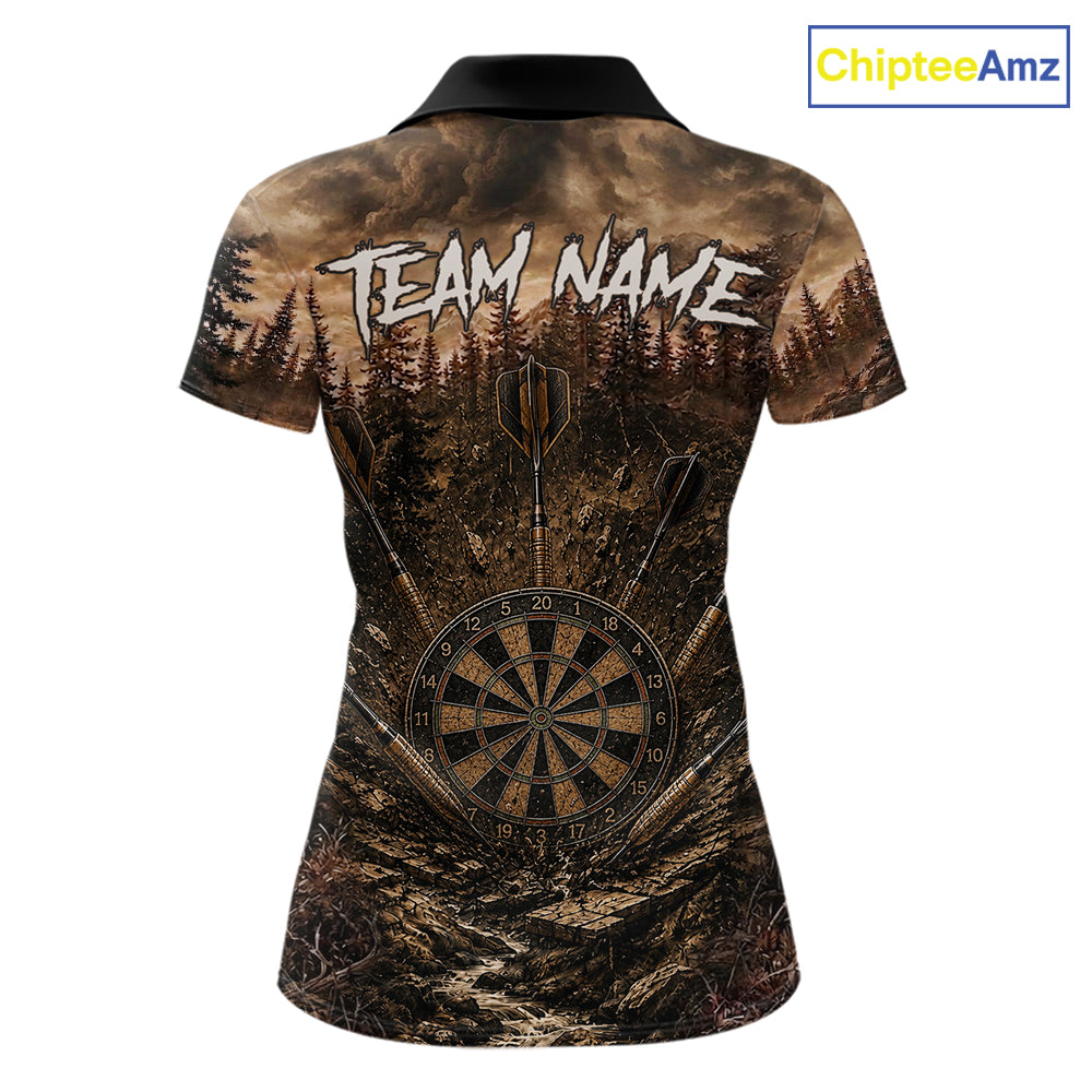 Funny Lion Dart Polo Quarter-Zip Shirt For Women Custom Brown Grunge Forest Dart Tournament Jersey NYN4386