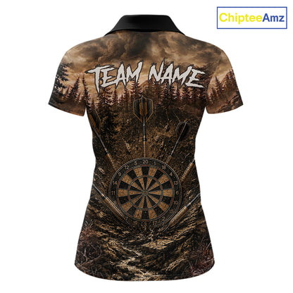 Funny Lion Dart Polo Quarter-Zip Shirt For Women Custom Brown Grunge Forest Dart Tournament Jersey NYN4386