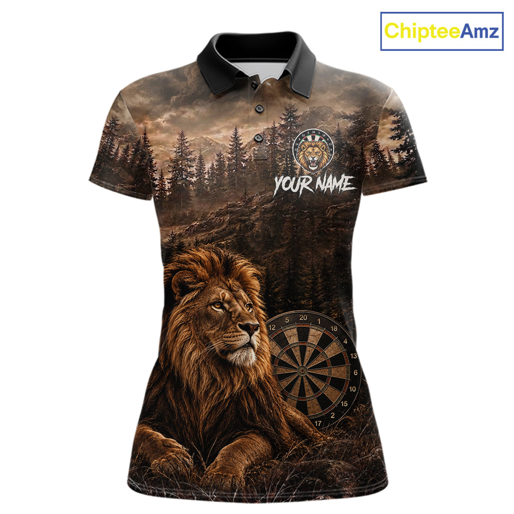 Funny Lion Dart Polo Quarter-Zip Shirt For Women Custom Brown Grunge Forest Dart Tournament Jersey NYN4386