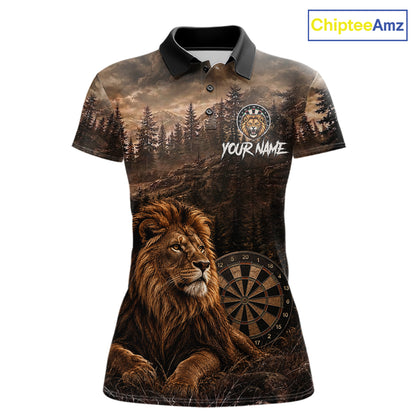 Funny Lion Dart Polo Quarter-Zip Shirt For Women Custom Brown Grunge Forest Dart Tournament Jersey NYN4386