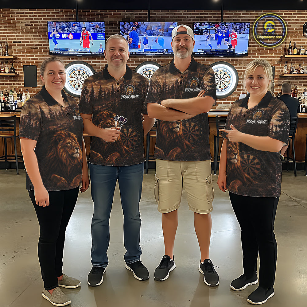 Funny Lion Dart Polo Quarter-Zip Shirt For Men Custom Brown Grunge Forest Dart Tournament Jersey NYN4386
