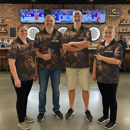 Funny Lion Dart Polo Quarter-Zip Shirt For Men Custom Brown Grunge Forest Dart Tournament Jersey NYN4386