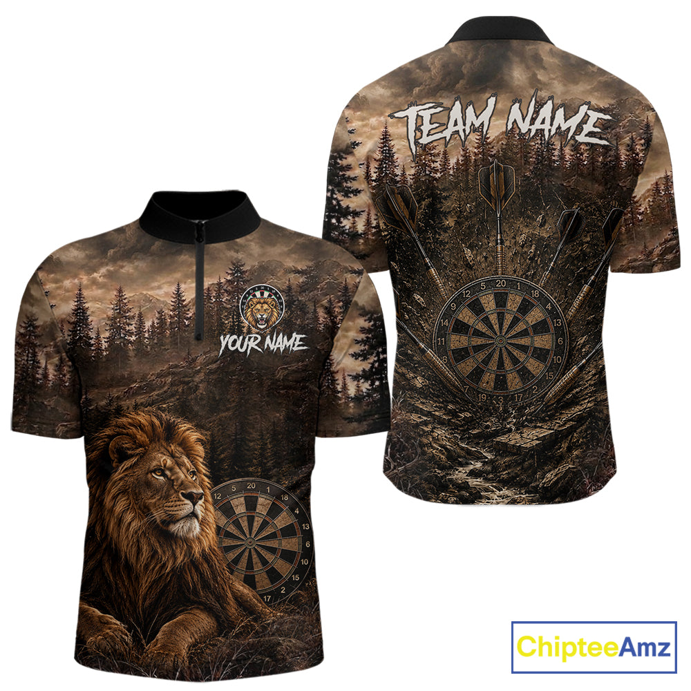 Funny Lion Dart Polo Quarter-Zip Shirt For Men Custom Brown Grunge Forest Dart Tournament Jersey NYN4386