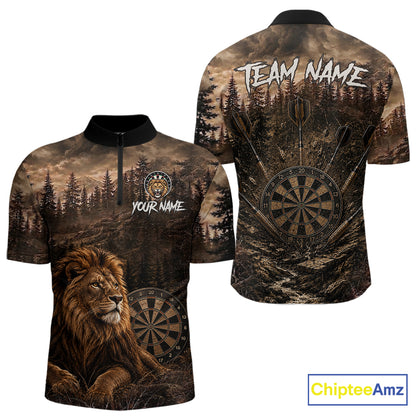 Funny Lion Dart Polo Quarter-Zip Shirt For Men Custom Brown Grunge Forest Dart Tournament Jersey NYN4386