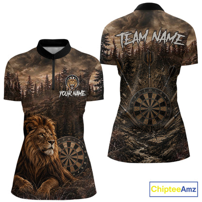 Funny Lion Dart Polo Quarter-Zip Shirt For Women Custom Brown Grunge Forest Dart Tournament Jersey NYN4386