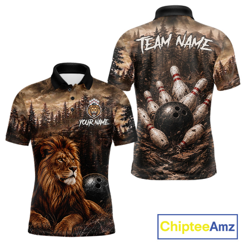Funny Lion Bowling Shirts For Men Custom Grunge Forest Polo & 1/4 Zip Bowling Team Jersey  NYN4387
