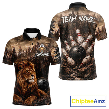Funny Lion Bowling Shirts For Men Custom Grunge Forest Polo & 1/4 Zip Bowling Team Jersey  NYN4387