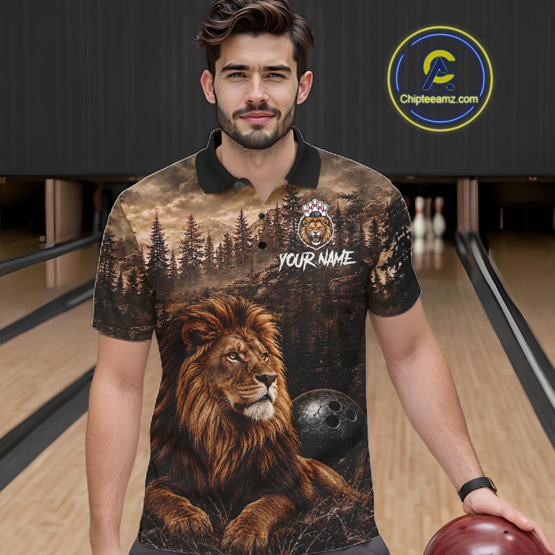 Funny Lion Bowling Shirts For Men Custom Grunge Forest Polo & 1/4 Zip Bowling Team Jersey  NYN4387