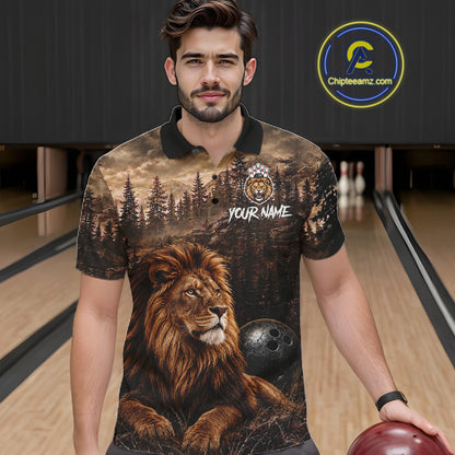 Funny Lion Bowling Shirts For Men Custom Grunge Forest Polo & 1/4 Zip Bowling Team Jersey  NYN4387