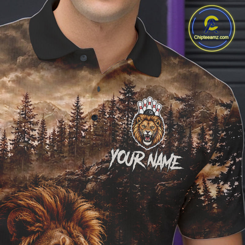 Funny Lion Bowling Shirts For Men Custom Grunge Forest Polo & 1/4 Zip Bowling Team Jersey  NYN4387