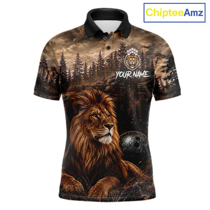 Funny Lion Bowling Shirts For Men Custom Grunge Forest Polo & 1/4 Zip Bowling Team Jersey  NYN4387