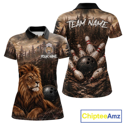 Funny Lion Bowling Shirts For Women Custom Grunge Forest Polo & 1/4 Zip Bowling Team Jersey  NYN4387