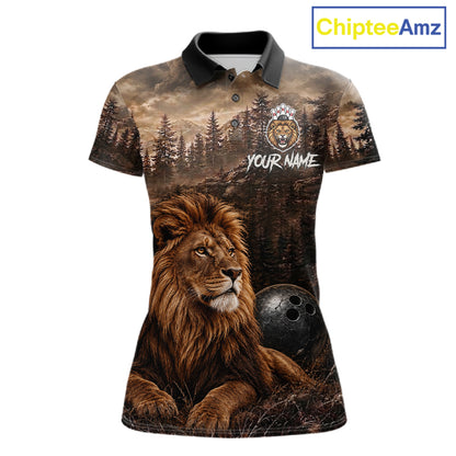 Funny Lion Bowling Shirts For Women Custom Grunge Forest Polo & 1/4 Zip Bowling Team Jersey  NYN4387