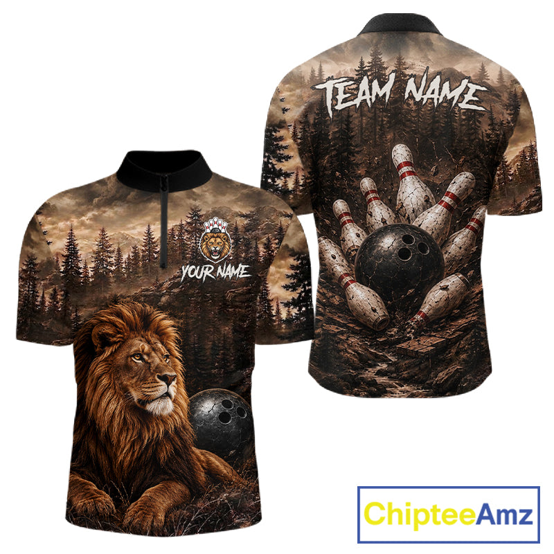 Funny Lion Bowling Shirts For Men Custom Grunge Forest Polo & 1/4 Zip Bowling Team Jersey  NYN4387