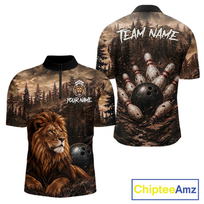 Funny Lion Bowling Shirts For Men Custom Grunge Forest Polo & 1/4 Zip Bowling Team Jersey  NYN4387