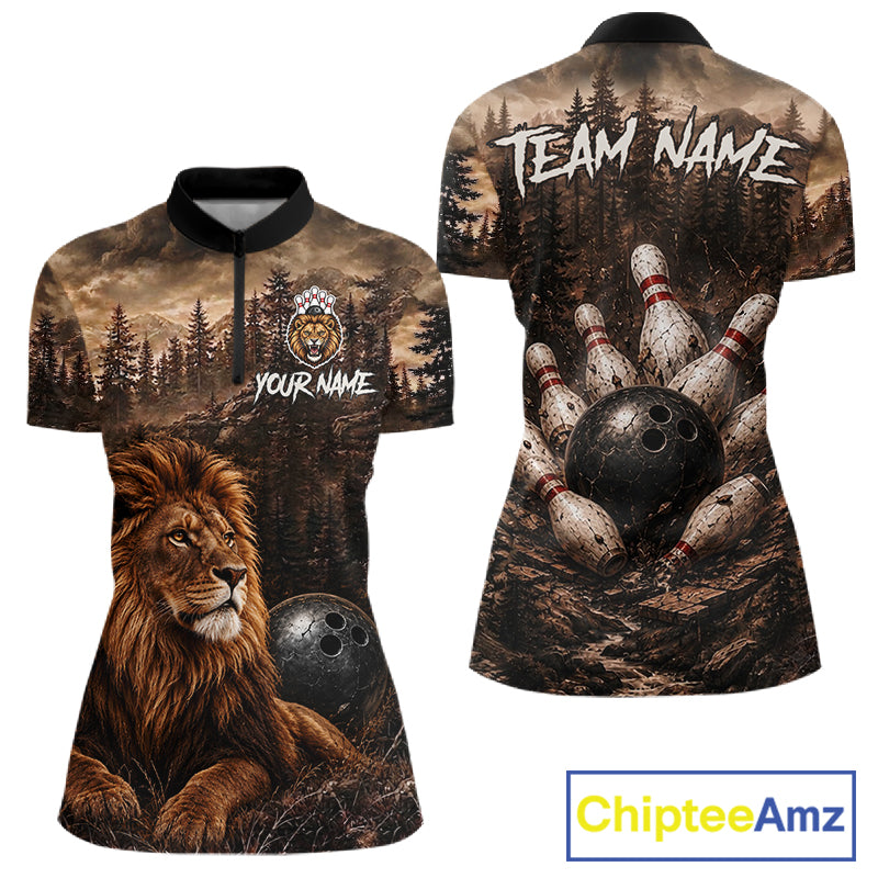 Funny Lion Bowling Shirts For Women Custom Grunge Forest Polo & 1/4 Zip Bowling Team Jersey  NYN4387