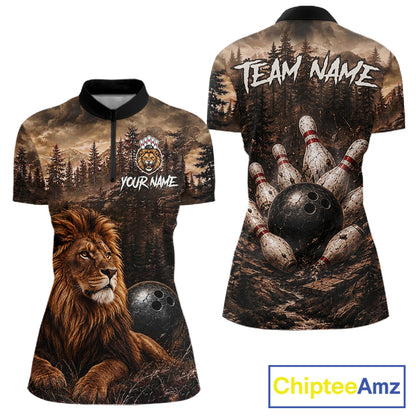 Funny Lion Bowling Shirts For Women Custom Grunge Forest Polo & 1/4 Zip Bowling Team Jersey  NYN4387