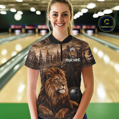 Funny Lion Bowling Shirts For Women Custom Grunge Forest Polo & 1/4 Zip Bowling Team Jersey  NYN4387
