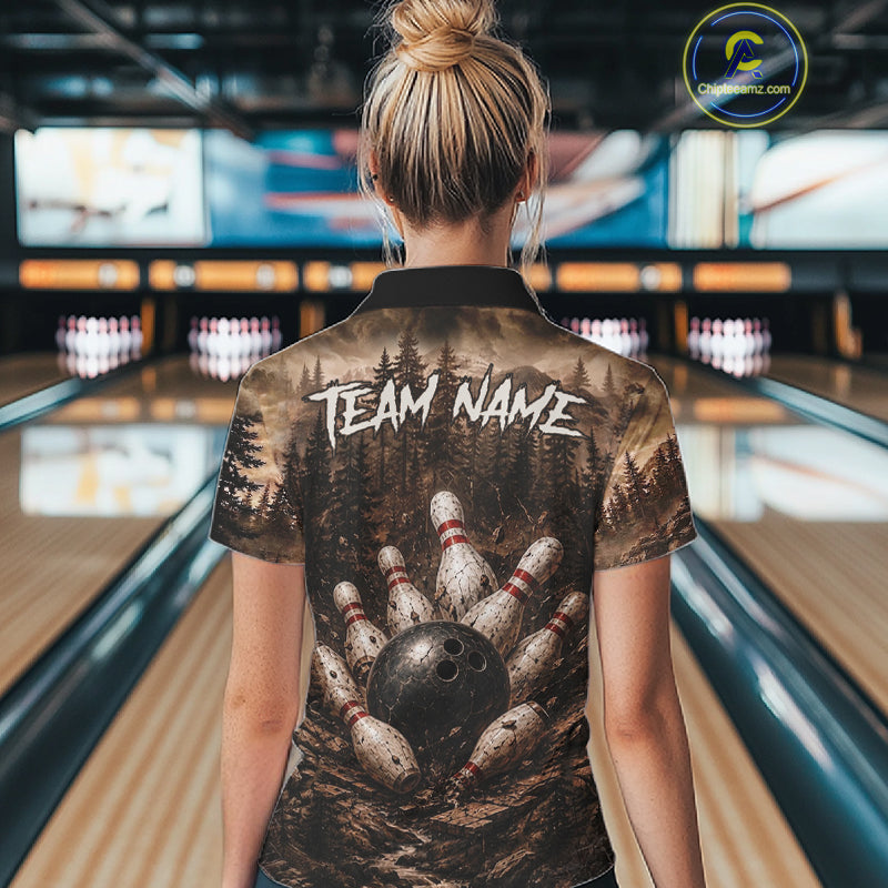 Funny Lion Bowling Shirts For Women Custom Grunge Forest Polo & 1/4 Zip Bowling Team Jersey  NYN4387