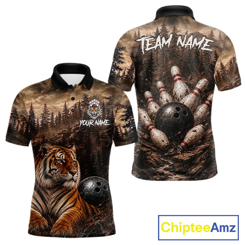 Funny Tiger Bowling Shirts For Men Custom Grunge Forest Polo & 1/4 Zip Bowling Team Jersey  NYN4388