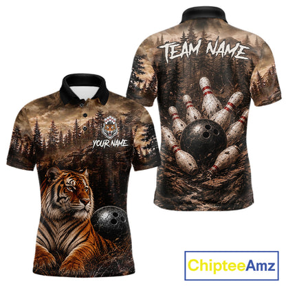 Funny Tiger Bowling Shirts For Men Custom Grunge Forest Polo & 1/4 Zip Bowling Team Jersey  NYN4388